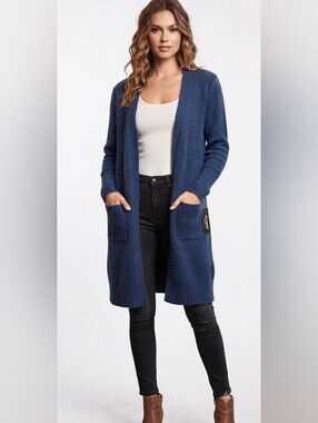 Open-Front Navy Longline Women's Cardigan with Pockets